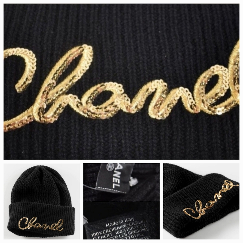 CHANEL Black Knit Hat with Gold Sequin Logo